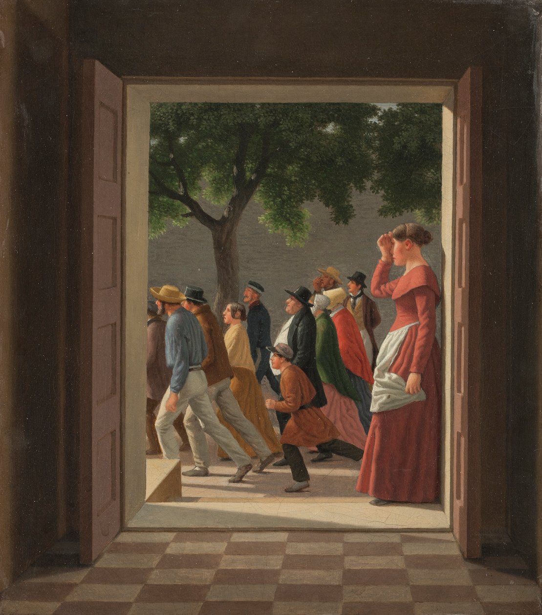 Näkymä oven läpi juokseviin hahmoihin tekijältä Christoffer Wilhelm Eckersberg