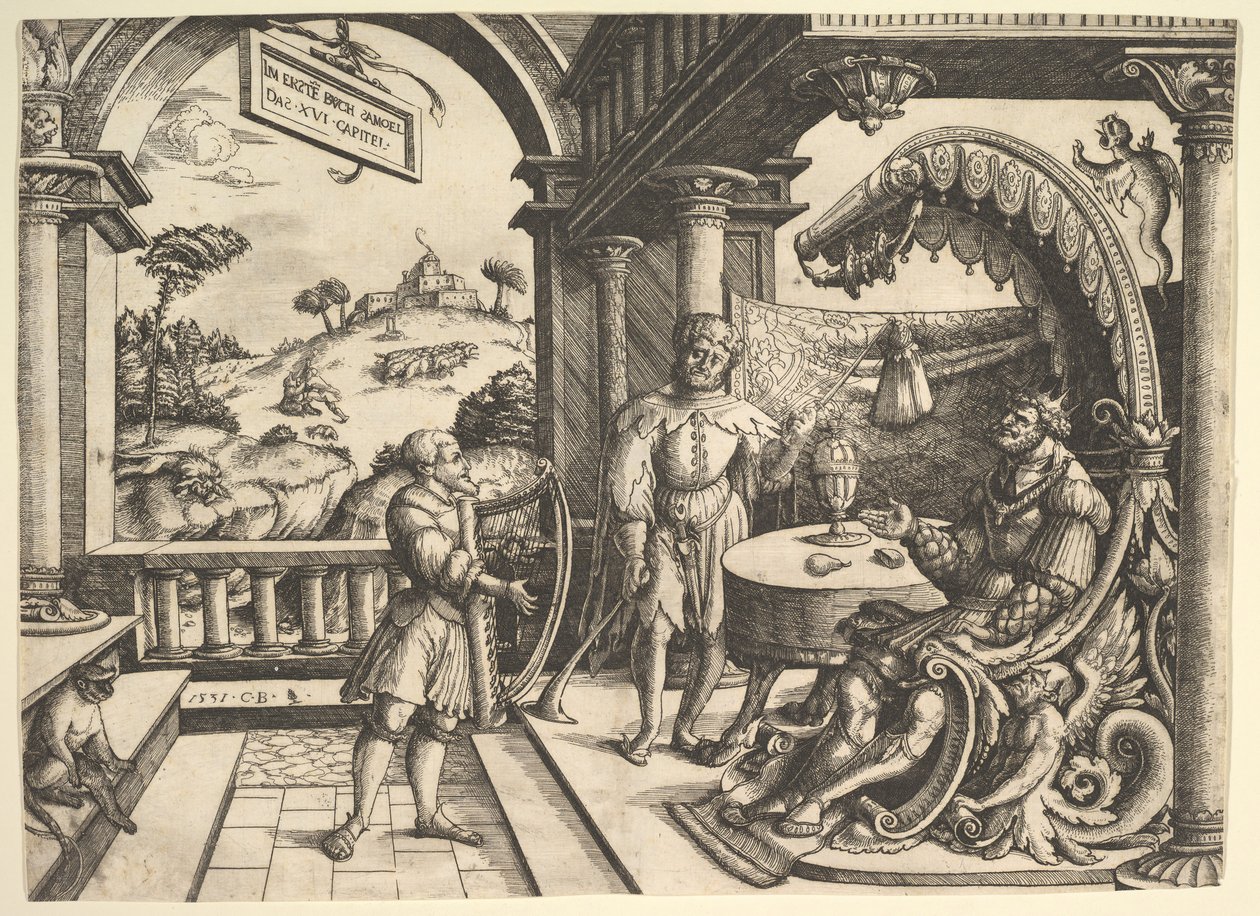 Daavid soittamassa harppua Saulin edessä, 1531. tekijältä Christoph Bockstorffer