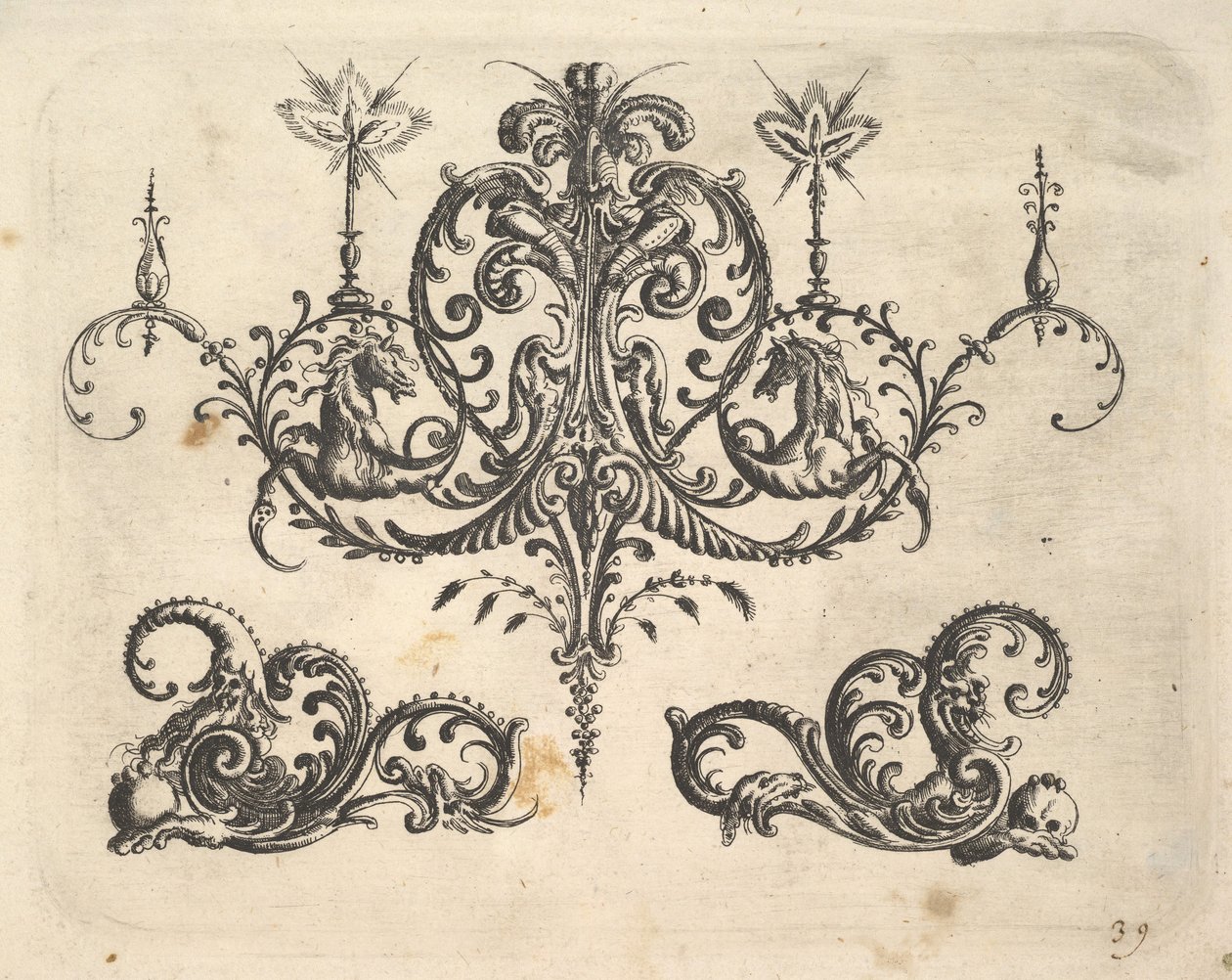 Upea kattokruunu, jossa on palavia kynttilöitä ja arabeskeja, joista osa päättyy fantastiseen hevonen..., 1610. tekijältä Christoph Jamnitzer