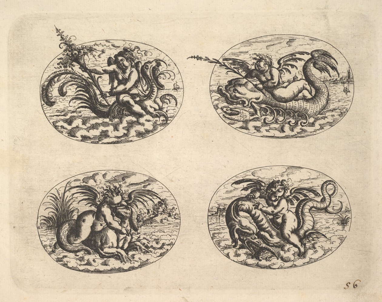 Neljä soikeaa Geniillä, lautaset Neue Grotessken Buchista, 1610. tekijältä Christoph Jamnitzer