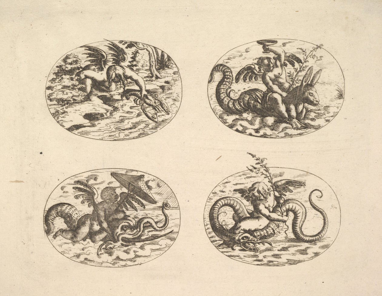 Putti merihirviöillä, lautaset Neue Grotessken Buchista, 1610. tekijältä Christoph Jamnitzer