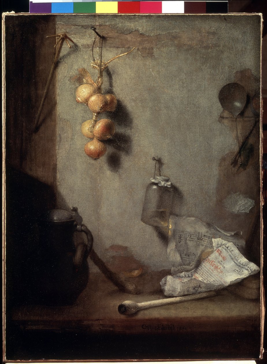 ""Asetelma"" (Asetelma) Sipulit, keittiön pöytä ja lasipurkki"" Christopher Paudissin (1630-1666) maalaus 1660 Mitat 62x46,5 cm Eremitaaši, Pietari tekijältä Christoph Paudiss
