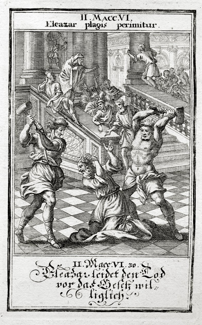 Eleazar hyväksyy mielellään kuolemanrangaistuksen, Maccabees 1695 tekijältä Christoph Weigel