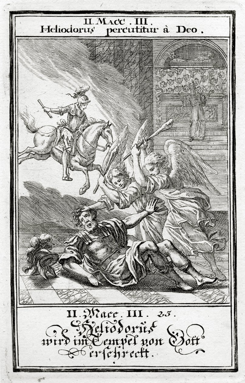Jumala pelottelee Heliodorusta temppelissä, 2 Makkabiaa (3:21-28), 1695 tekijältä Christoph Weigel