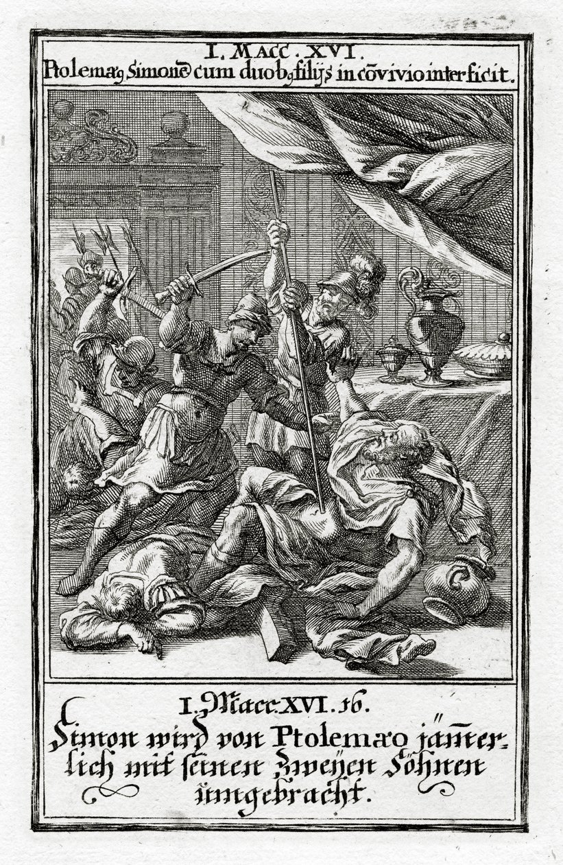 Ptolemaios tappaa Simonin ja hänen kaksi poikaansa. 1 Makkab 14:16, 1695 tekijältä Christoph Weigel