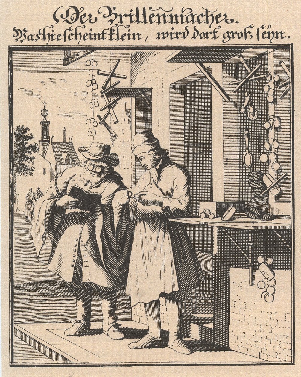 Silmälasien valmistaja tärkeimpien hyväntekeväisyysasuntojen kuvasta, 1698 tekijältä Christoph Weigel the Elder