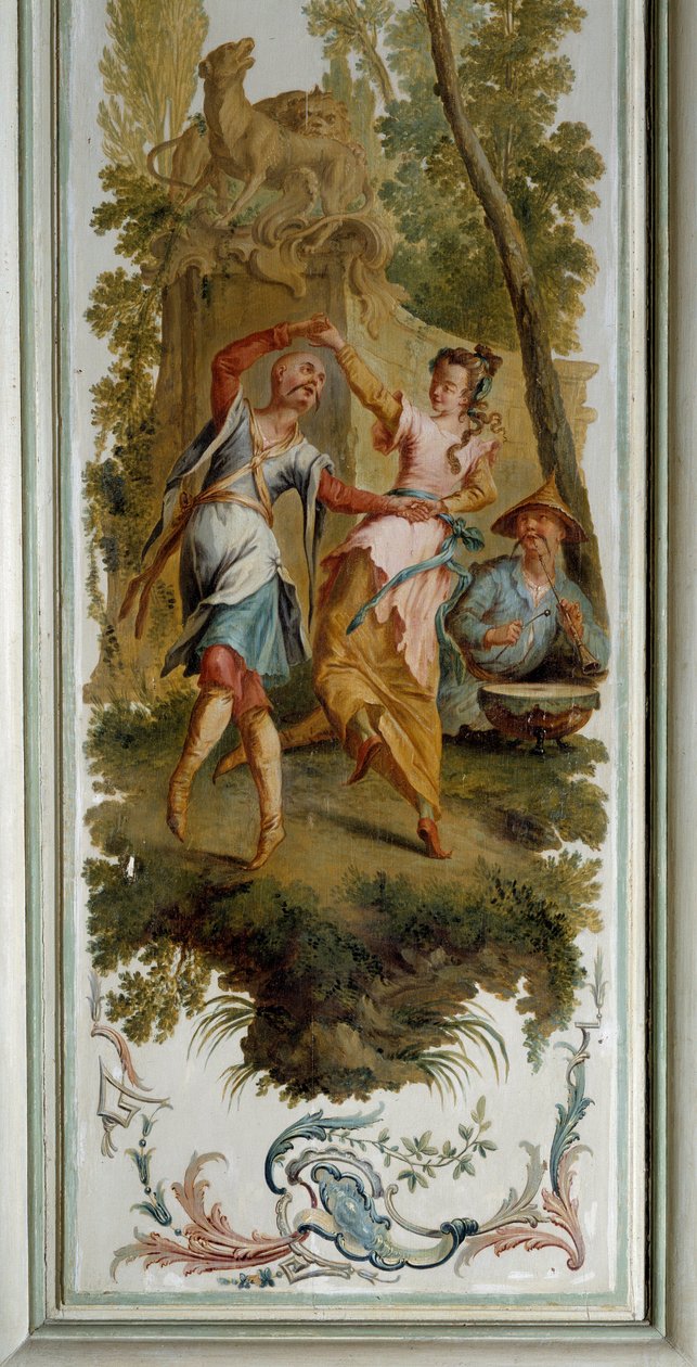 Chinoiserie: Tanssikohtaus, Champs sur Marnen linnan suuren salongin paneeli, jonka toteuttaja Christophe Huet (1700-1759) tekijältä Christophe Huet