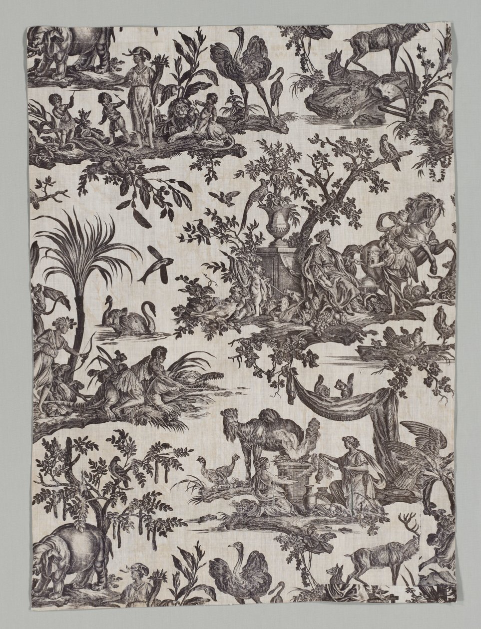 Fragmentti kuparipainettua puuvillaa Les quatres party du monde Designilla, 1788. tekijältä Christophe Philippe Oberkampf