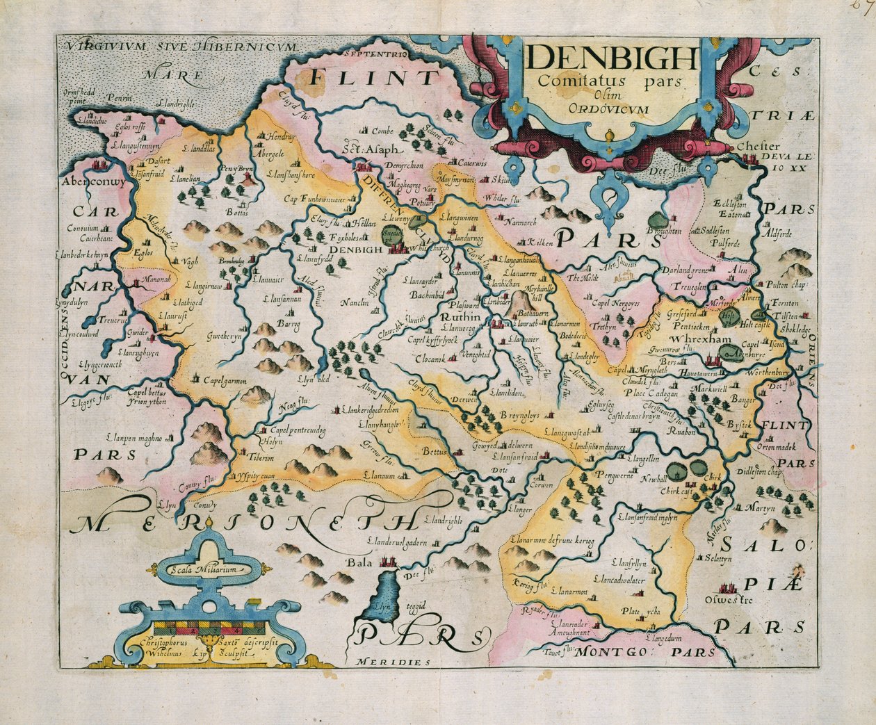 Denbighin ja Flintin kartta, William Camdenin Britanniasta, 1637 (kuparikaiverrus) tekijältä Christopher Saxton