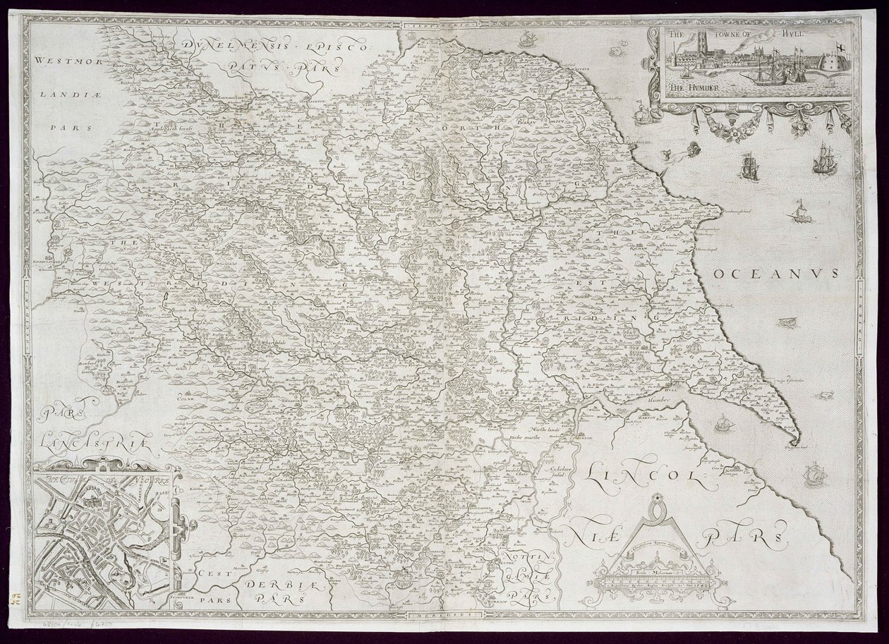 Yorkshiren kartta, William Webin kaivertama, julkaistu 1645 tekijältä Christopher Saxton