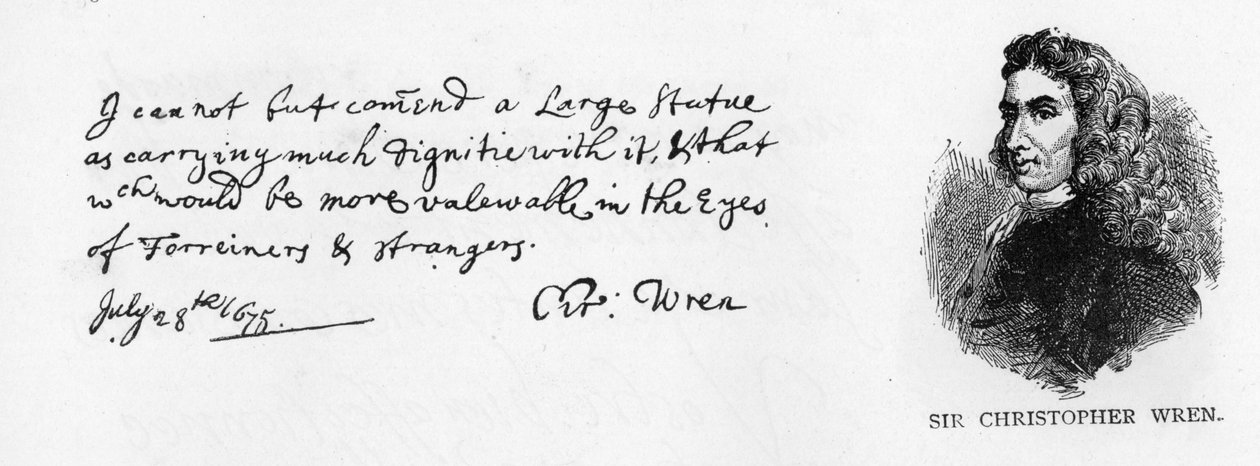 Ote Christopher Wrenin raportista, joka koskee Lontoon vuoden 1666 suuren palon muistomerkin huipun suunnittelua, 28. heinäkuuta 1675 (tussi ja tussi paperilla). tekijältä Christopher Wren