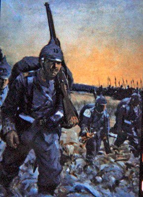 Saksalainen jalkaväki vuonna 1914 kenttäpuvussa (värilitografia). tekijältä Christopher (after) Clark