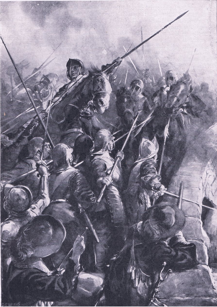Prestonin taistelu 17. elokuuta 1648: Hauen työnnössä heidät lyötiin sillalta, esimerkki teoksesta "British Battles on Land and Sea" tekijältä Christopher Clark