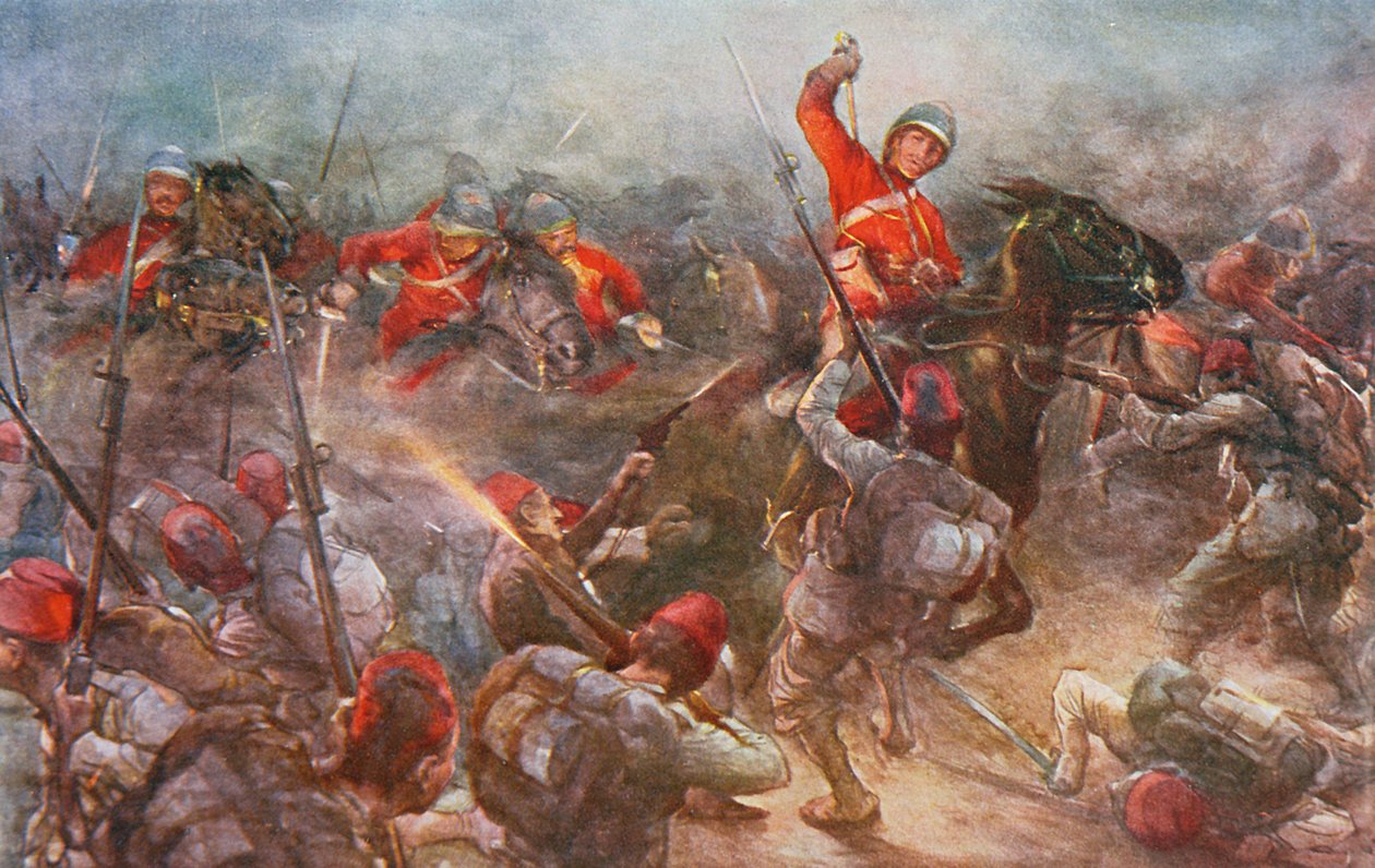 Drury Lowesin ratsuväen panos Kassassinissa, 28. elokuuta 1882, piirros julkaisusta "British Battles on Land and Sea", toimittanut Sir Evelyn Wood (1838-1919) 1915 tekijältä Christopher Clark