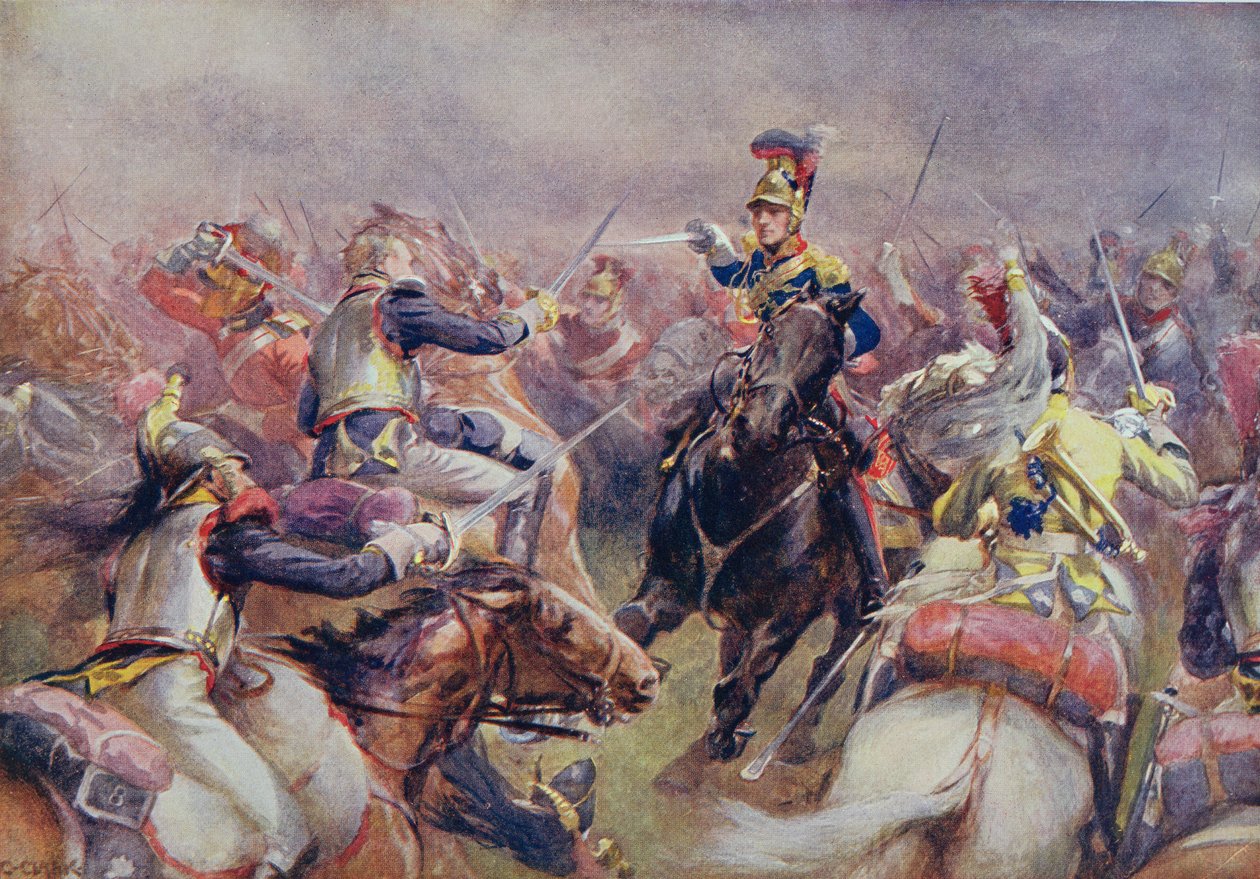 Raskaan prikaatin hyökkäys ranskalaisia Cuirassiersia vastaan Waterloossa, Sir Evelyn Woodin (1838-1919) toimittamasta Brittiläisistä taisteluista maalla ja merellä, joka julkaistiin ensimmäisen kerran vuonna 1915. tekijältä Christopher Clark