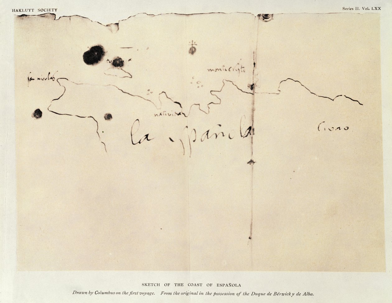 Luonnos Espanolan rannikosta, jonka Kolumbus on piirtänyt ensimmäisellä matkalla, alkuperäisestä, joka oli herttua de Berwick y de Alban hallussa, 1492 (muste paperille) tekijältä Christopher Columbus
