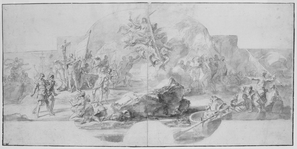 Kolumbuksen maihinnousu Amerikkaan, maalaustutkimus (tuhoutui vuonna 1777) Sala del Minor Consiglio, Palazzo Ducale, Genova. tekijältä Christopher Columbus