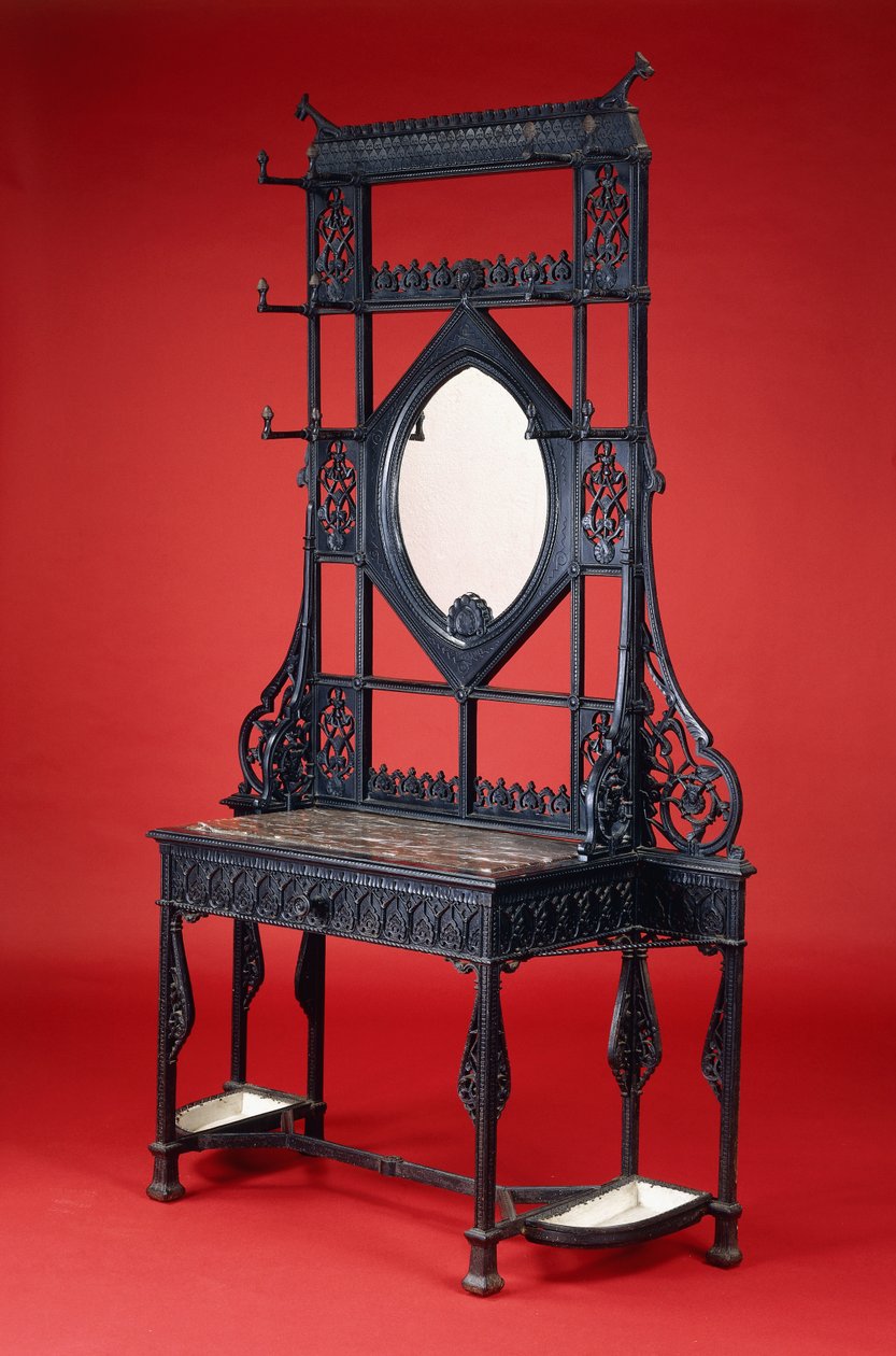 Coalbrookdale valurautainen eteinen (valurauta, marmori, peili) tekijältä Christopher Dresser