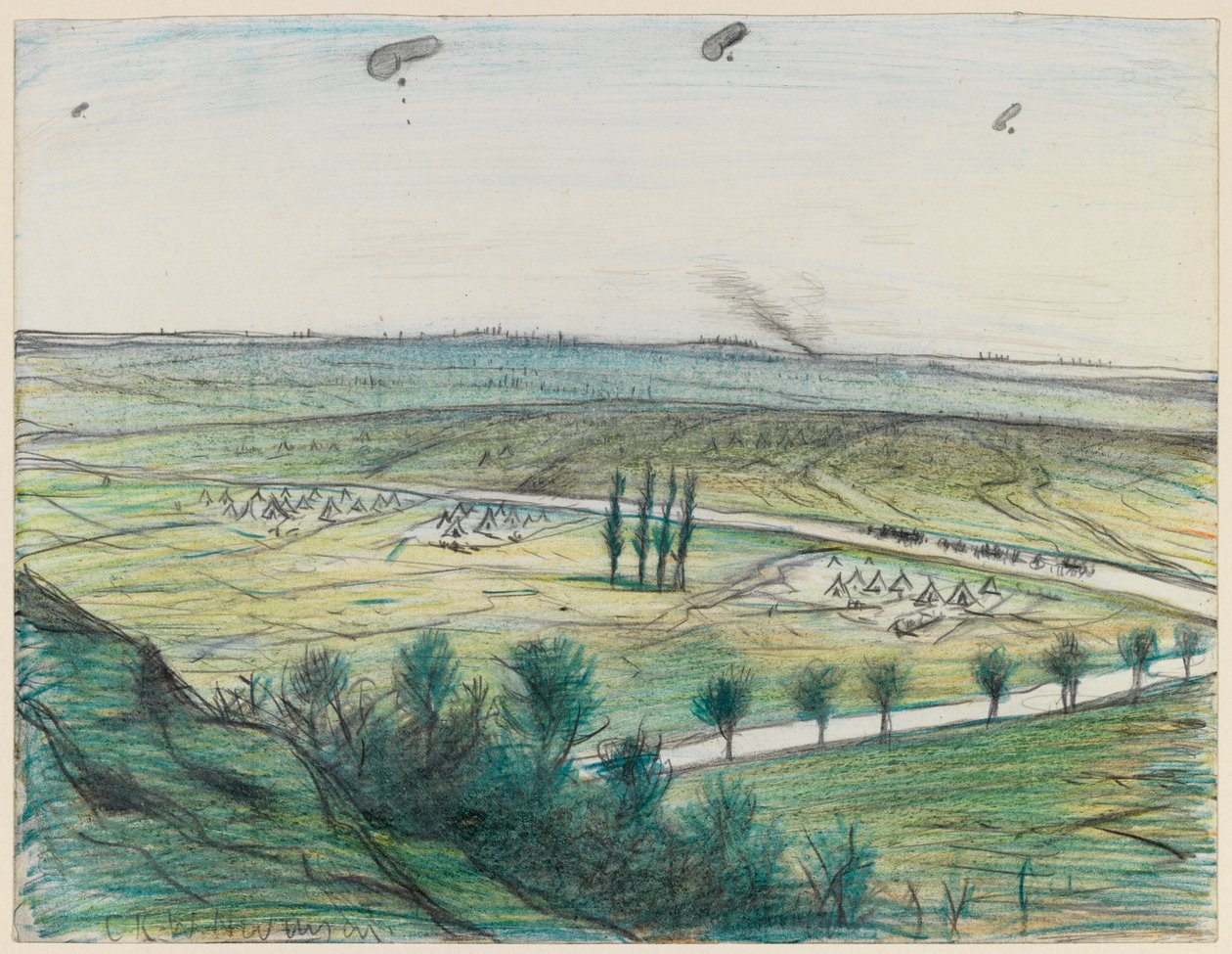 Maisema havaintoilmapalloilla, 1914-1918 (kynä ja värikynä paperilla) tekijältä Christopher Richard Wynne Nevinson