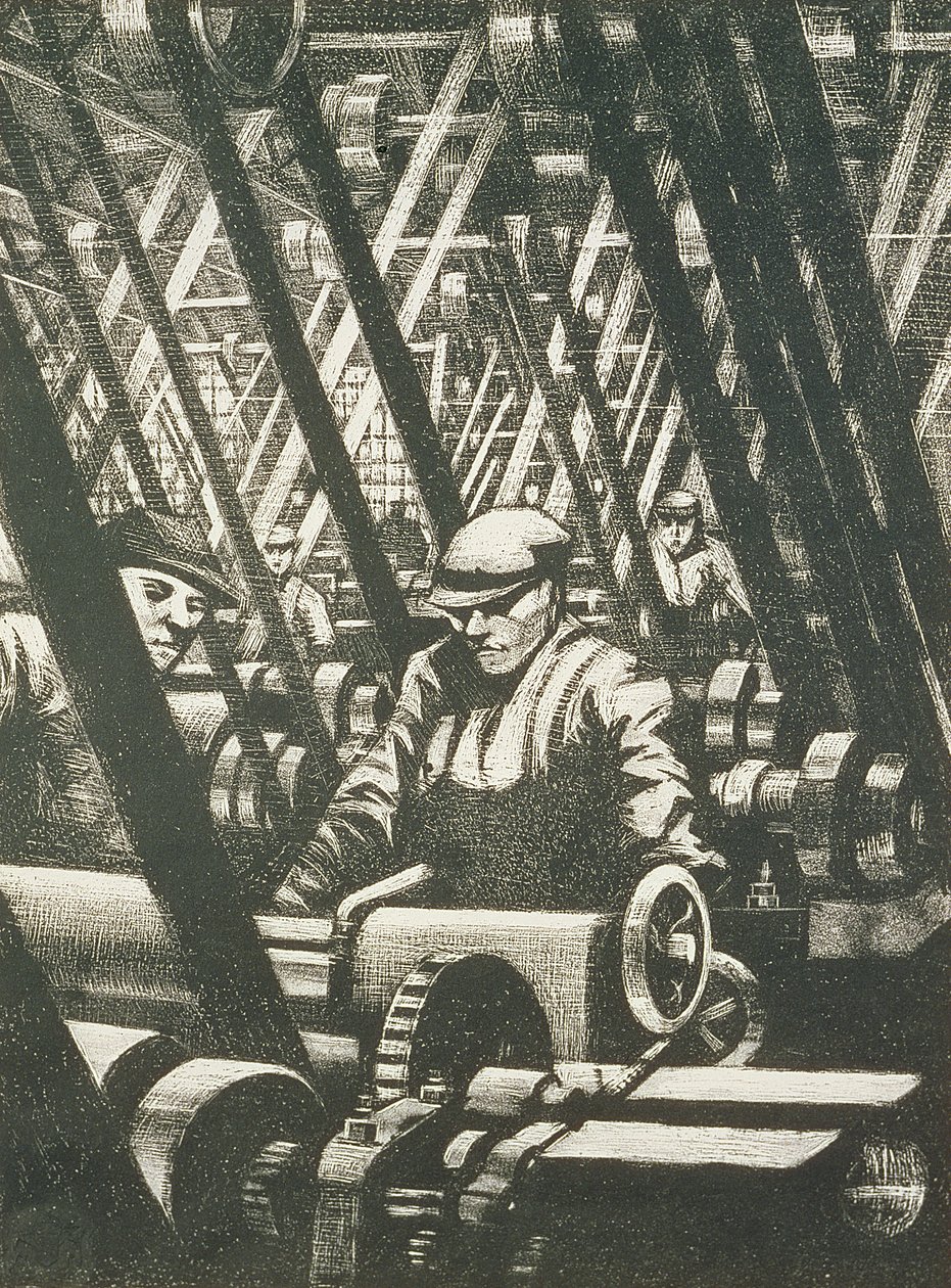 Moottorin valmistus, 1917 (etsaus ja kuivakärki) tekijältä Christopher Richard Wynne Nevinson
