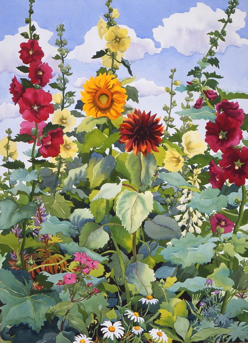 Hollyhocks and Sunflowers, 2003 (akvarelli paperille) tekijältä Christopher Ryland