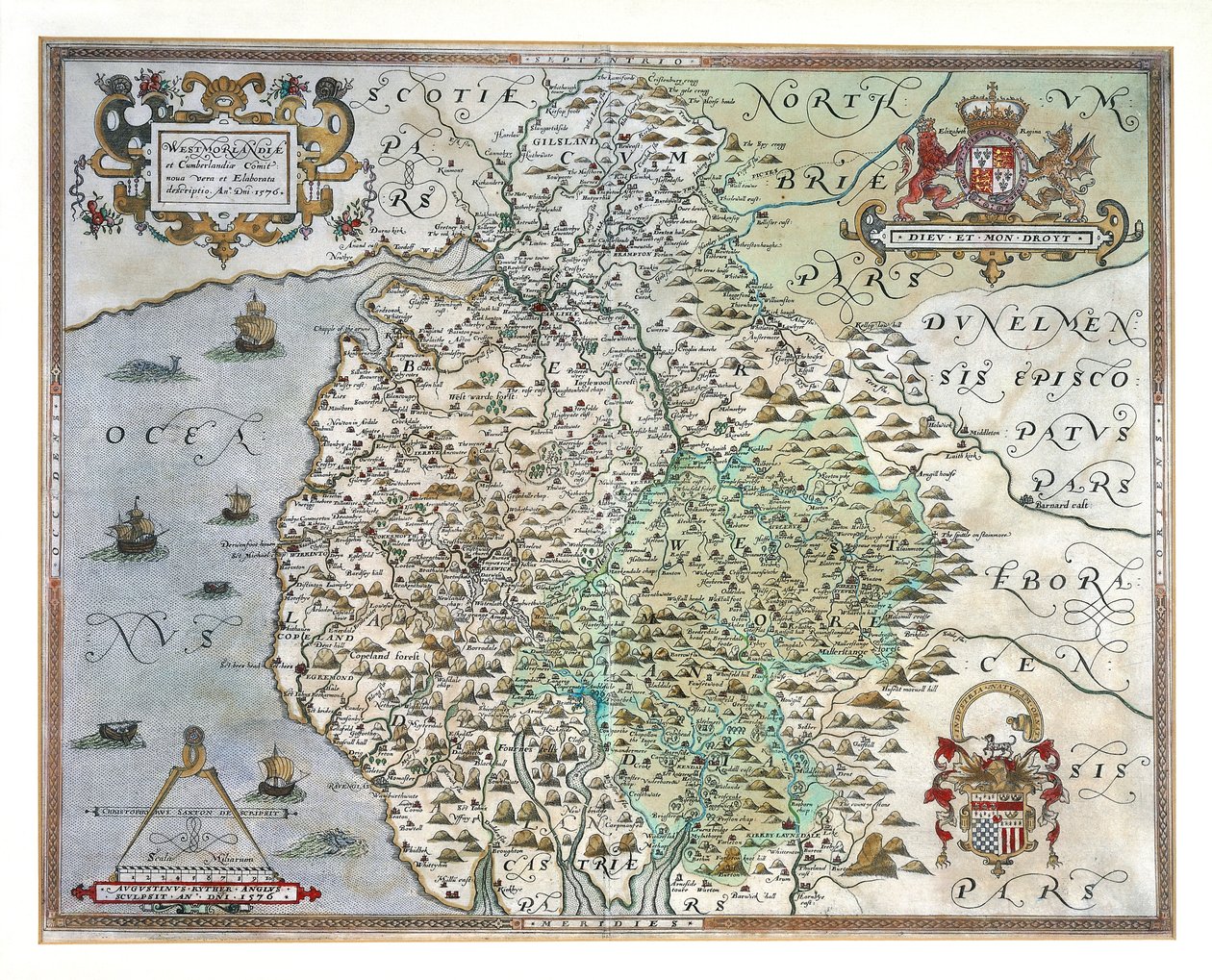 Westmorlandin ja Cumberlandin kartta, 1576 tekijältä Christopher Saxton