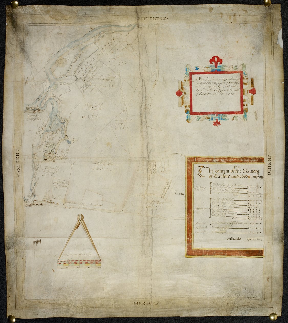 Kartta Bayfordin ja Goodmanstonin kartanoista Murstonissa ja Sittingbournessa, co. Kent: 1590 (muste ja väriväriliuokset pergamentilla). tekijältä Christopher Saxton