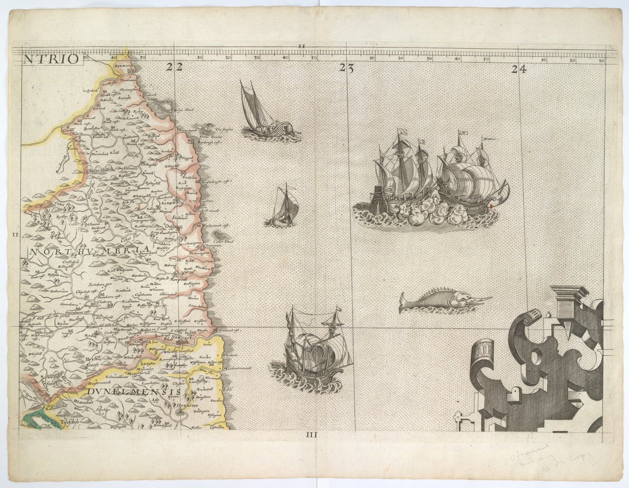 Northumbria ja Koillis-Englannin alue Saxtonin vuoden 1583 seinäkartasta (kaiverrus). tekijältä Christopher Saxton