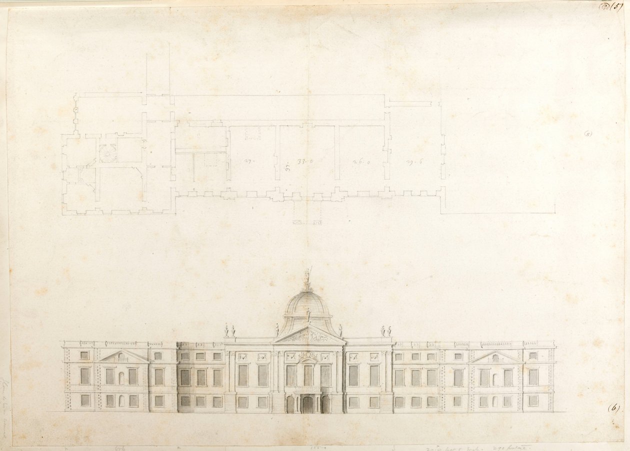 Hampton Court Palace, osasuunnitelma ja luonnoskorotus sisäänkäynnin julkisivua varten, luultavasti 2. mallia varten, numeroitu 5 ja 6 tekijältä Christopher Wren