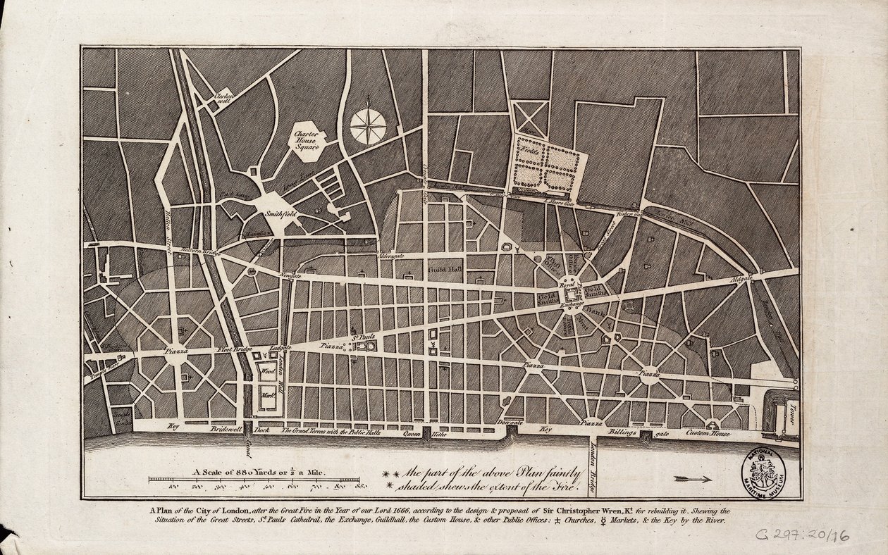 Kartta Lontoon kaupungista vuoden 1666 suuren palon jälkeen (painos) (painettu) tekijältä Christopher Wren