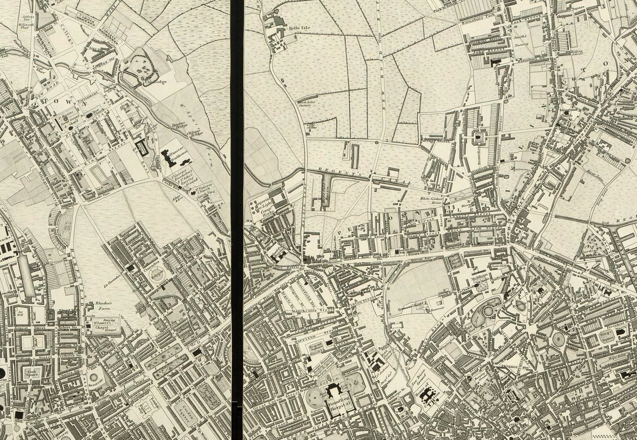 Yksityiskohta Pentonvillen alueesta Lontoon kartalta, joka on peräisin vuonna 1824 tehdystä todellisesta kartoituksesta. tekijältä Christopher and John (fl.1821 40) Greenwood