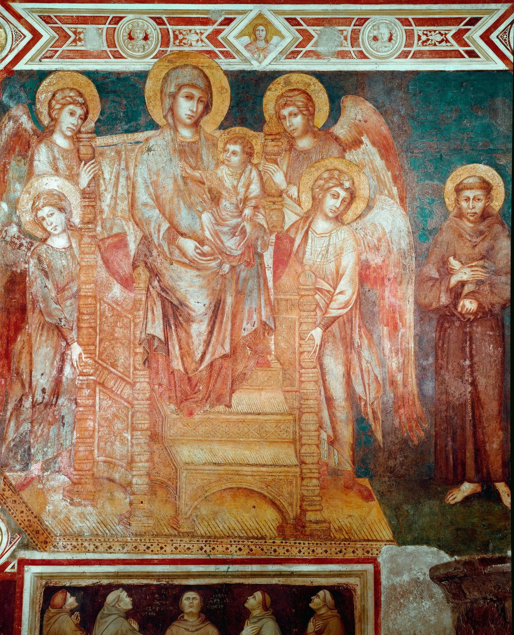 Madonnalla on valtaistuimella lapsia, neljä enkeliä ja Pyhä Francois Assisilainen Cimabuen fresko (Cenni di Pepo) (1272-1302) 1278-1280 Mitat 320x340 cm. Assisi, San Francescon basilika, Alakirkko tekijältä Cimabue