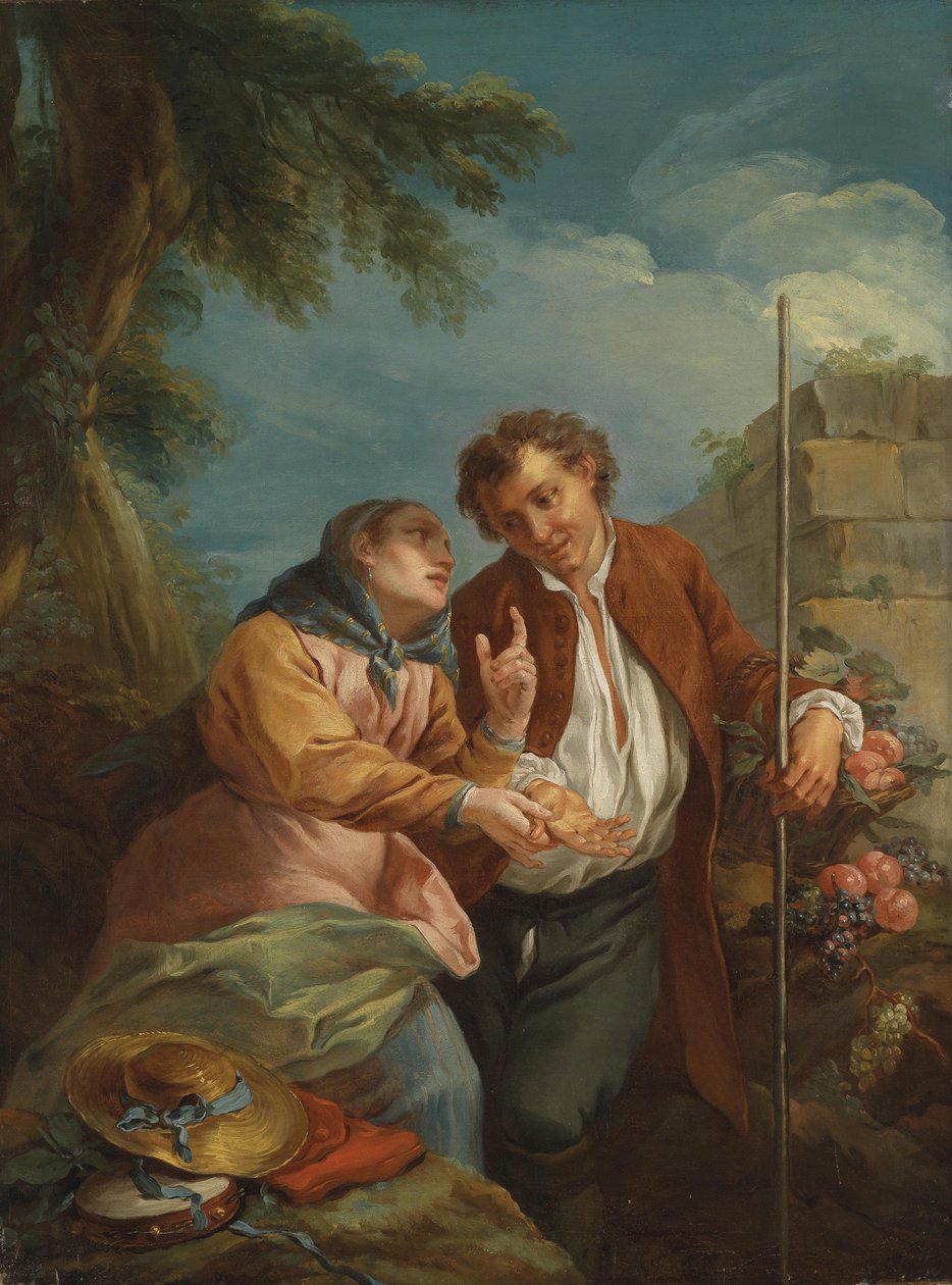Eine Handleserin und ein junger Früchteverkäufer tekijältä Circle of Charles André van Loo