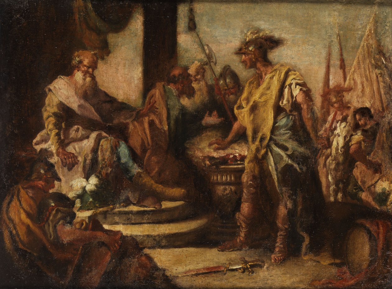 Mucius Scaevola legt die Hand in Feuer vor dem Etruskerfürsten Porsenna. tekijältä Francesco Fontebasso