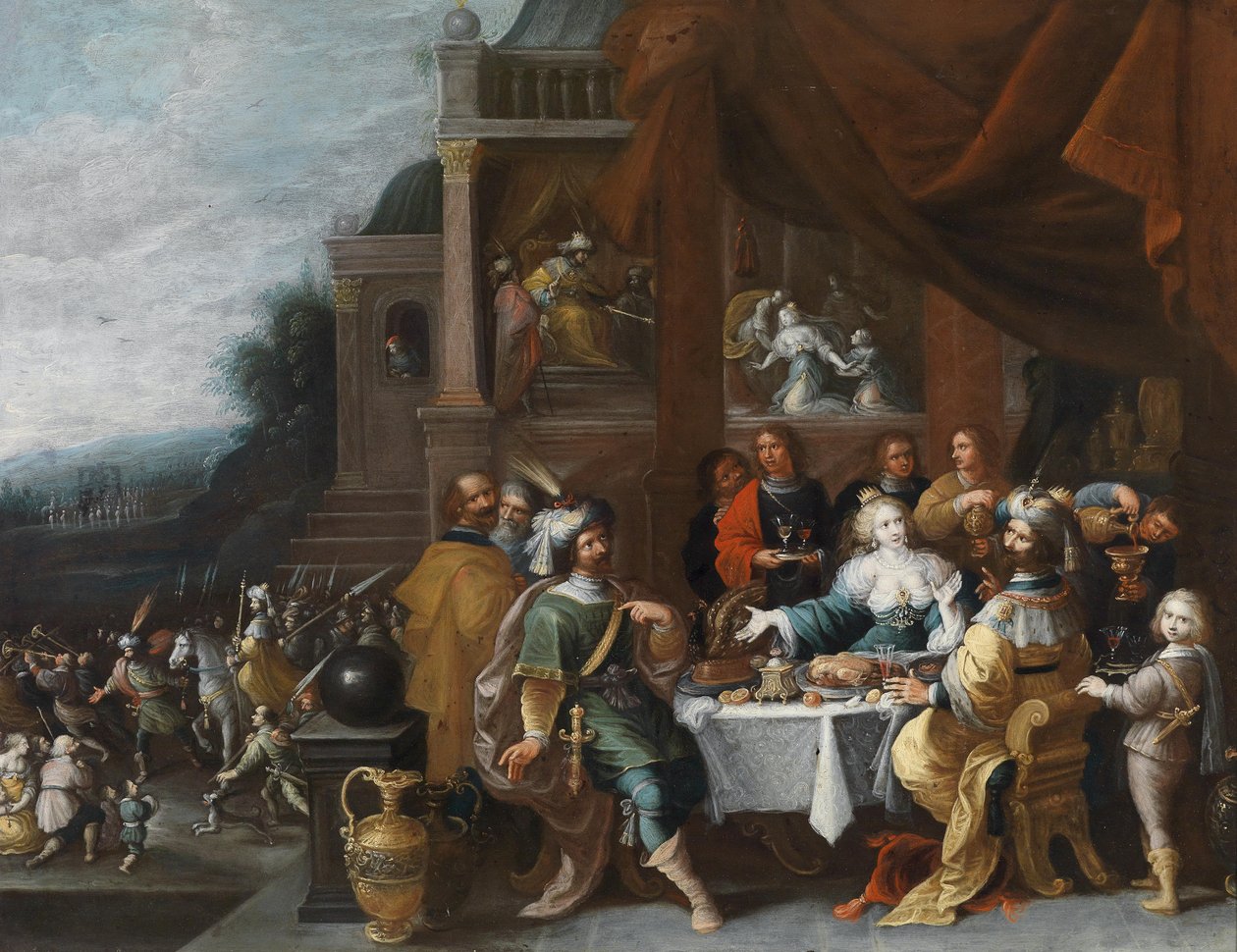 Ahasver ja Haman olivat Gastmahl der Esther tekijältä Circle of Frans Francken the Younger