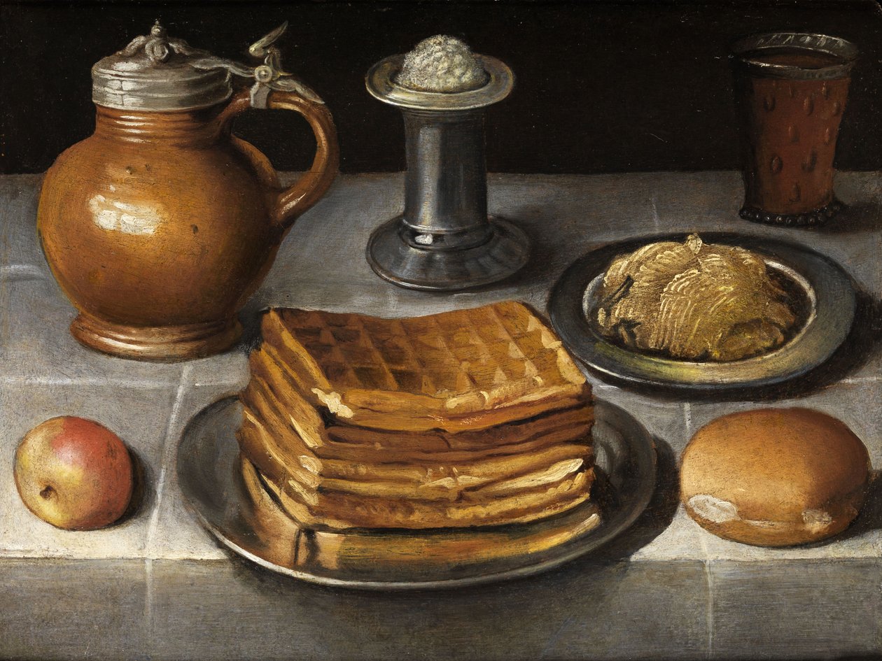 Stillleben mit Zinntellern, Steinkrug und Waffeln tekijältä Circle of Georg Flegel