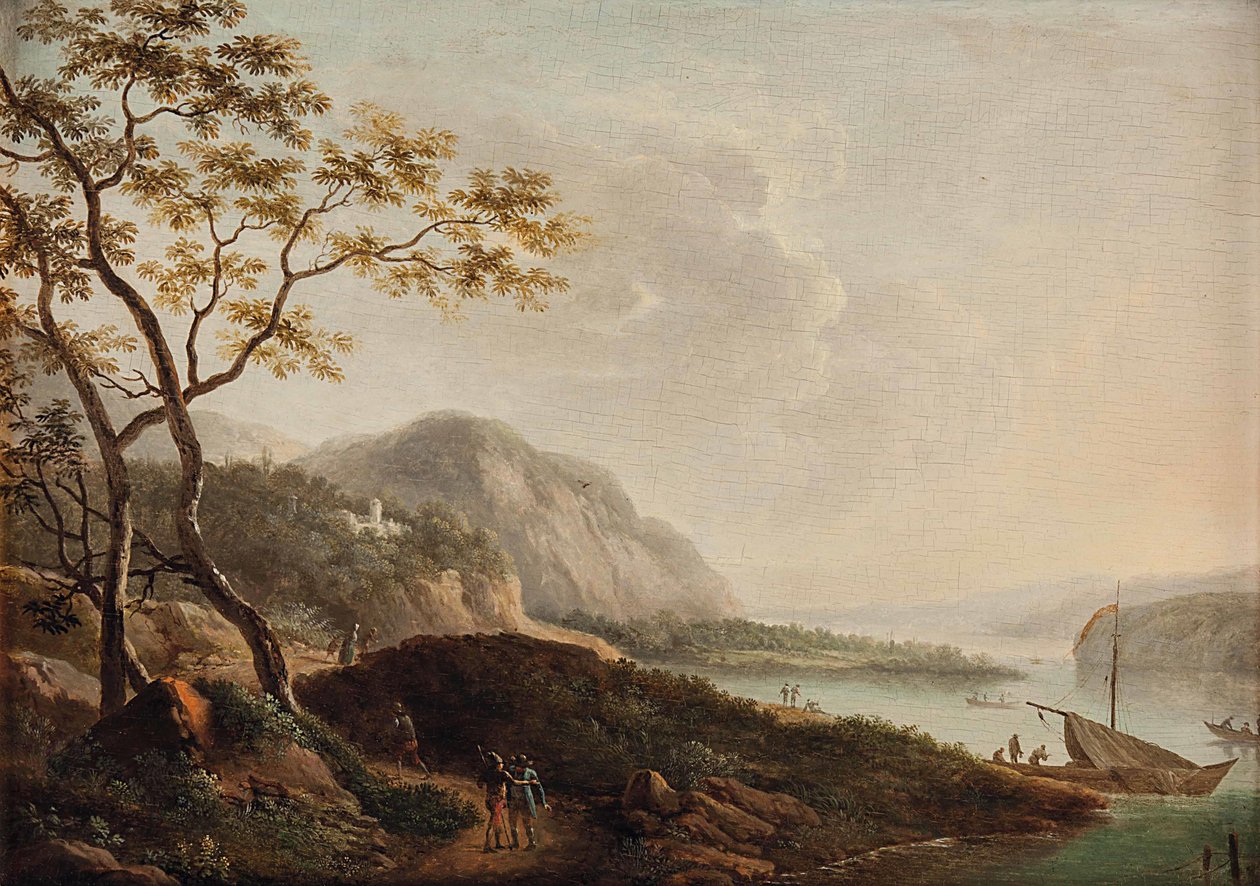 Südliche Seenlandschaft mit Personenstaffage tekijältä Circle of Jacob Philipp Hackert