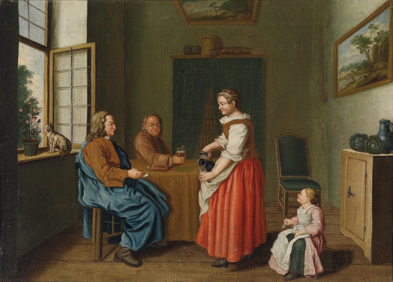 Interieur mit zwei Männern am Tisch und einer Magd, die sie bedient tekijältä Jan Josef Horemans II