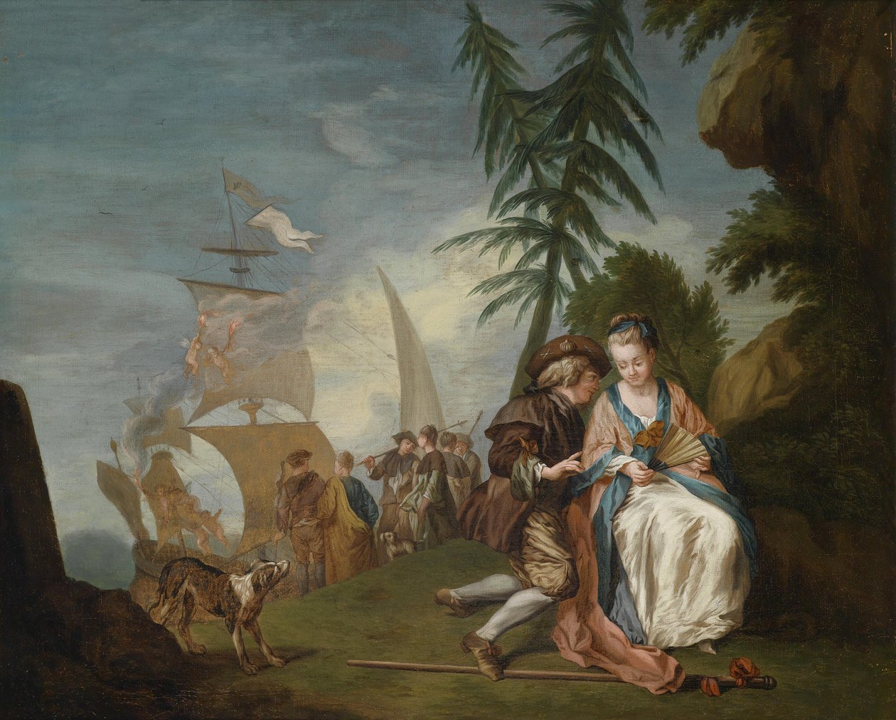 Ein galantes Paar vor der Einschiffung nach Kythera tekijältä Circle of Jean Baptiste Le Prince