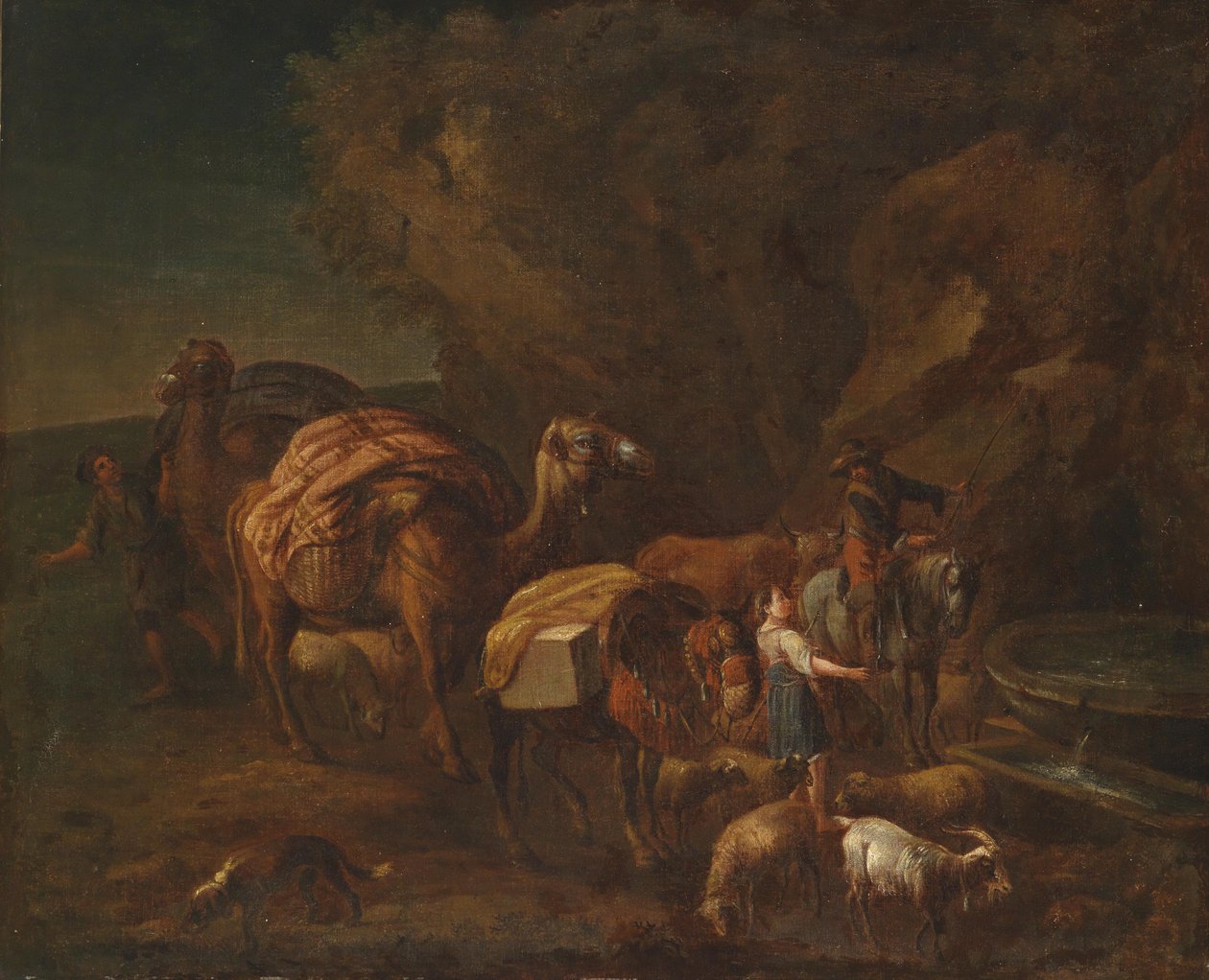 Orientalische Landschaft mit Kameltreibern und Viehhirten tekijältä Circle of Nicolaes Pieterszoon Berchem