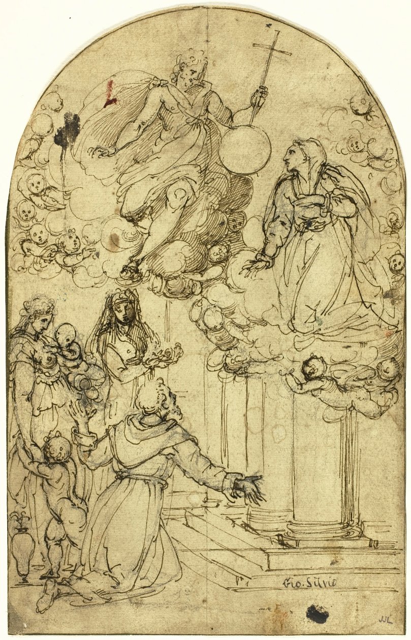 Pyhän Franciscus Assisilaisen näyn Portiunculassa (recto); Koristesuunnittelu (käänteinen) tekijältä Circle of Alessandro Allori