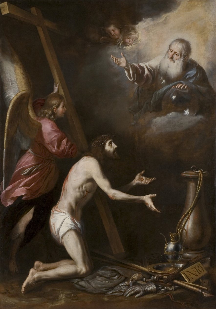 Espanjan kieli: Cristo flagelado arrodillado ante Dios Padre (Ruoskitun Kristuksen polvistuminen Isän Jumalan edessä). tekijältä Circle of Antonio del Castillo y Saavedra