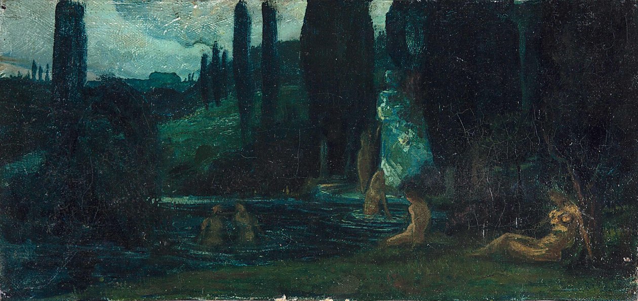 Saksa: Kylpeviä naisia illalla eteläisessä maisemassa tekijältä Circle of Arnold Böcklin