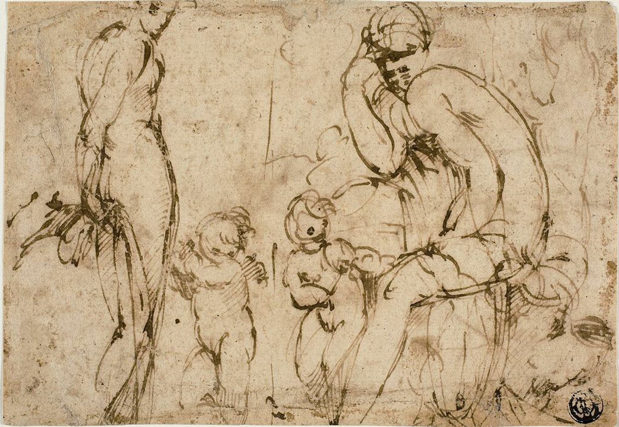 Venus ja Mars sekä putteja (etusivu); parrakas mies liikkuu oikealle (kääntöpuoli). tekijältä Circle of Parmigianino