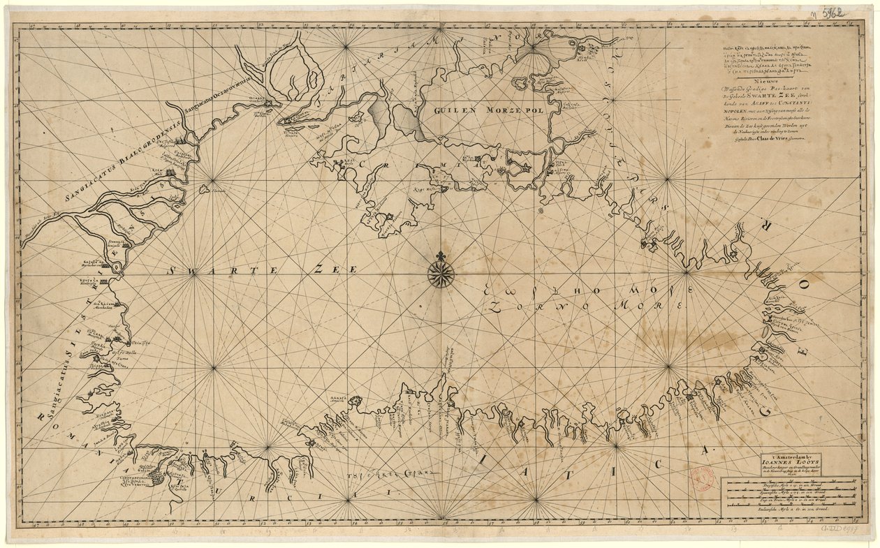 Nieuwe wassende, gradage pas-map van de geheele Swarte Zee strekkende van Asaff tot Constantinopolen met an allwysing van men all de Havens rivieren en de foortressen of of sterterens, die aan de Zee kust gevonden werden now de Naukuerigste onder vinding t tekijältä Claes De Vries