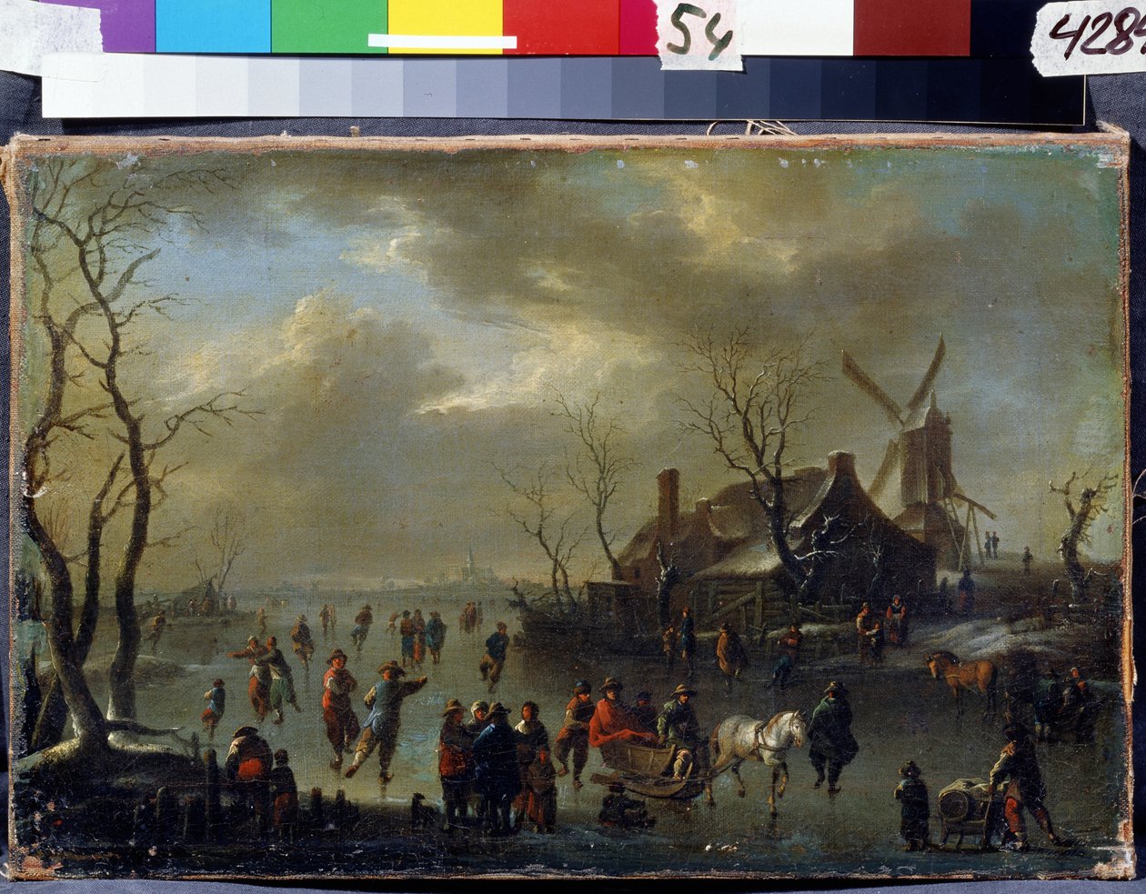 Talvimaisema. Claes Molenaerin maalaus (Klaes Molenaer, noin 1630-1676). Öljy puulle. Hollantilainen taide, barokkityyli. Valtionmuseo Arkhangelskoye Estate, Moskova tekijältä Claes  Molenaer