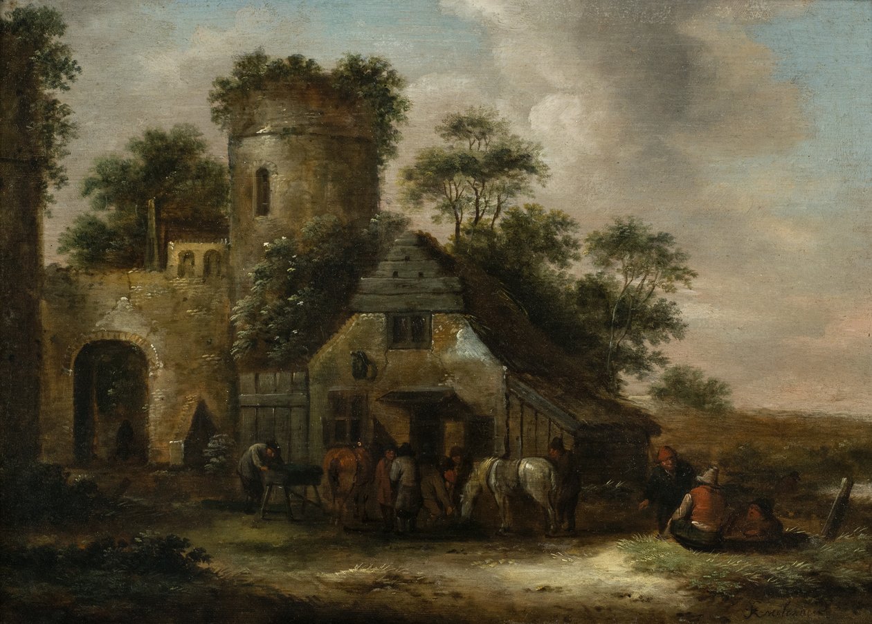 Figuurit majatalon ulkopuolella kaupunginmuurien vieressä kesäisin tekijältä Claes (1630 76) Molenaer
