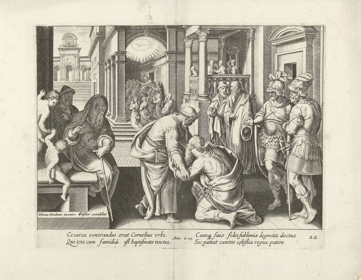 Cornelius polvistuu Petruksen eteen Apostolien teot (sarjan nimi) Acta Apostolorum (sarjan nimi) tekijältä Claes Jansz. Visscher (II) (attributed to workshop of)