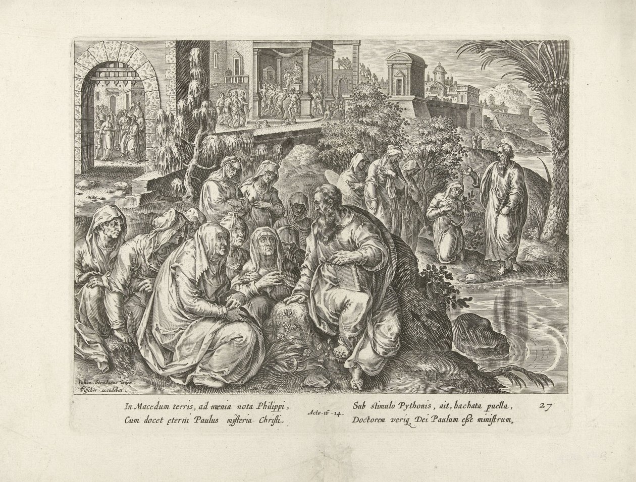 Paavali käännyttää Filippin naiset Apostolien teot (sarjan nimi) Acta Apostolorum (sarjan nimi) tekijältä Claes Jansz. Visscher (II) (attributed to workshop of)