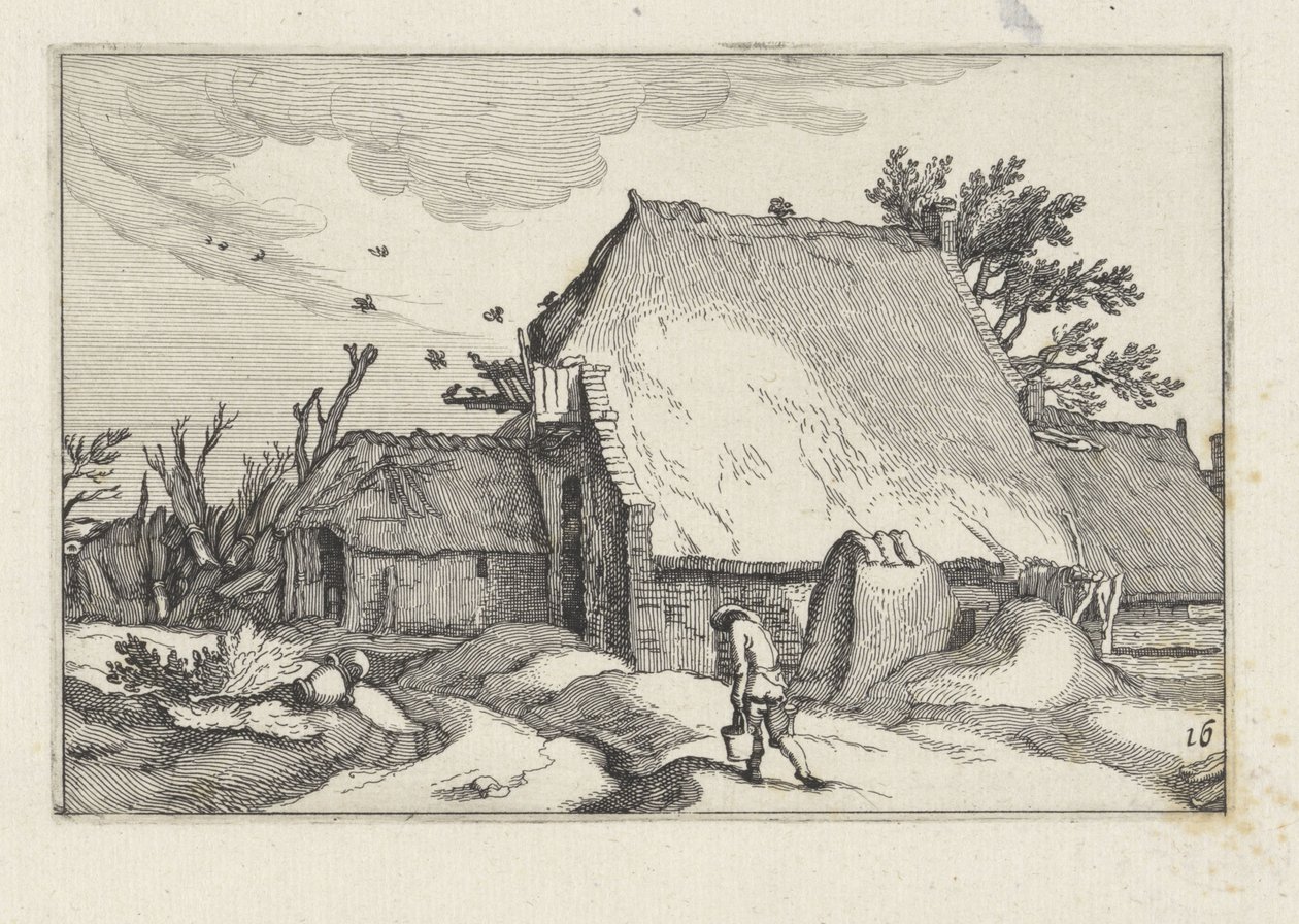 Maatila ja mies kahdella kauhalla Maisemat maatiloilla (sarjan nimi) tekijältä Claes Jansz. Visscher (II)